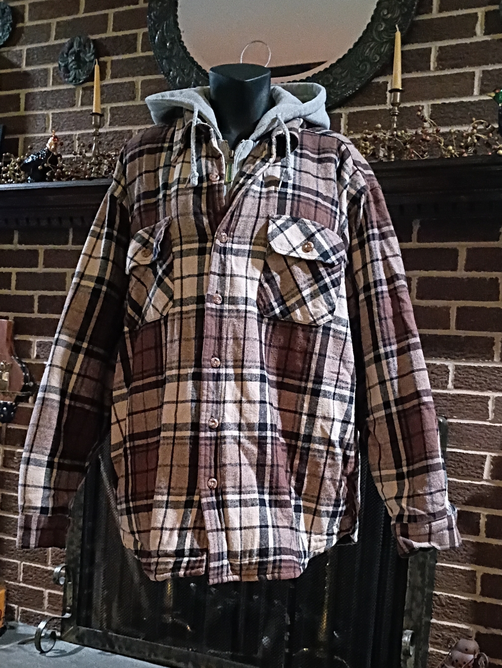 Field & Stream Brown and Cream Plaid Hooded Shirt Jacket